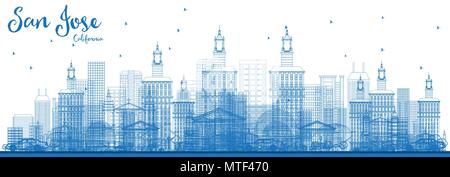 Outline San Jose California Skyline with Blue Buildings. Vector Illustration. Business Travel and Tourism Concept with Modern Architecture. Stock Vector