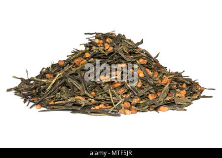 Japanese green tea Genmaicha isolated on white. Tea leaves with roasted brown rice Stock Photo