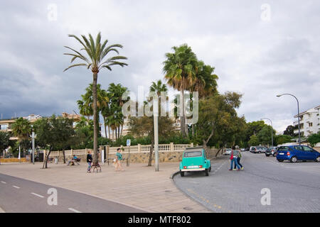PALMA, MALLORCA, BALEARIC ISLANDS, SPAIN - SEPTEMBER 28, 2017:  Small French green cabrio car parked near the beach on September 28, 2017 in Mallorca, Stock Photo