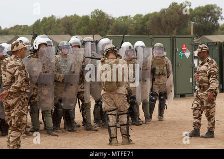 U.S. Soldiers representing the 805th Military Police Company from Cary N.C participate in crowd control training with Alpha 3rd Marine Fleet Antiterrorism Security Team (FAST) and Royal Moroccan Armed Forces during Exercise African Lion 17 April 23, at Tifnit, Morocco. Exercise African Lion is an annually scheduled, combined multilateral exercise designed to improve interoperability and mutual understanding of each nation’s tactics, techniques and procedures. Stock Photo