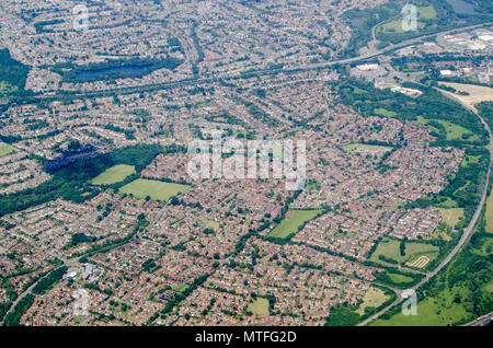 Aerial view of the residential Earley district in Reading, Berkshire.  Viewed on a sunny summer day. Stock Photo