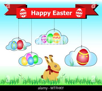 Easter bunny in grass with colorful eggs hanging from the banners Stock Vector