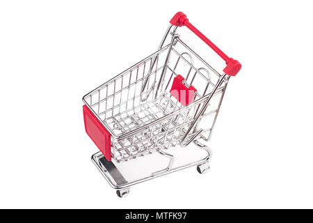 top view closeup of shiny aluminum empty miniature shopping supermarket cart with red handle isolated on white background Stock Photo