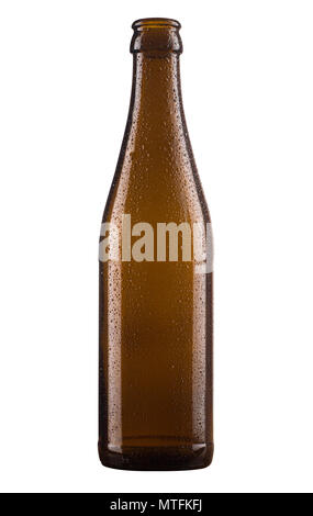 front view closeup of brown cider or beer bottle with no label and water drops isolated on white background Stock Photo