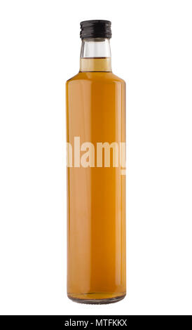front view closeup of light brown oil or vinegar small bottle with black screw cap and no label isolated on white background Stock Photo