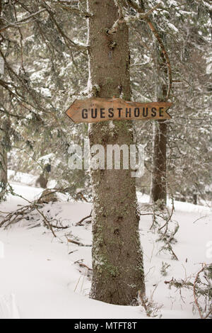 Wooden sign with black letter text guesthouse Stock Photo