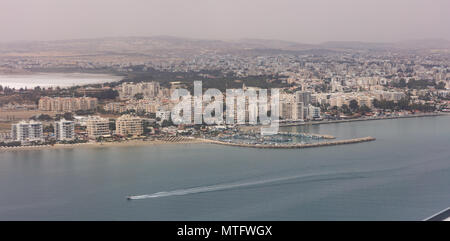 Cyprus, Larnaca aerial view at summer. Seafront multi-storey buildings, sandy beach, blue sea and sky Stock Photo