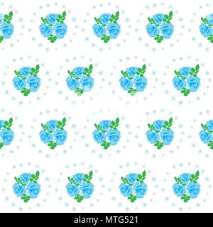 Blue roses and stars seamless background - pattern for continuous replicatein light blue and green colors. Can be used for fabric, wallpaper, printing Stock Vector