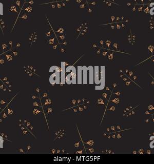 Black background seamless floral pattern with golden flower branches. Modern style. Minimalism style Stock Vector