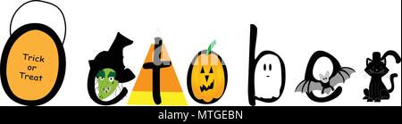 October illustrated with Halloween witch, jack o'lantern, candy corn, trick or treat bag, bat, black cat and ghost on white. Stock Vector