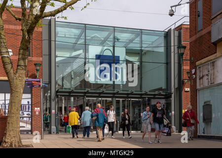 Entrance to Warrington's Golden Square shopping precinct from the old fishmarket in the town centre, Cheshire, England, UK Stock Photo