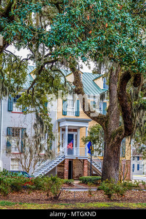 Flags on Traditional Southern Home in Savannah Stock Photo
