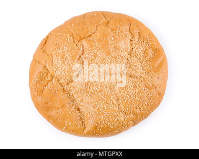 Round golden cake with sesame. Top view isolated on white, clipping path included Stock Photo