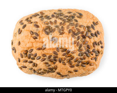 Loaf of white craft bread with seeds. Top view isolated on white with clipping path Stock Photo
