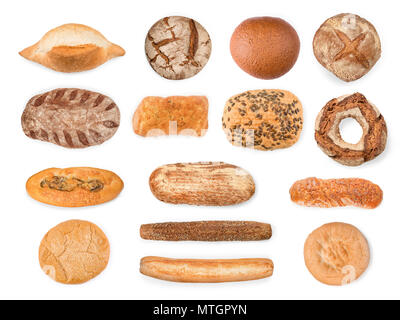 Large bread, baguettes and cake collection. Top view isolated on white, clipping path included Stock Photo