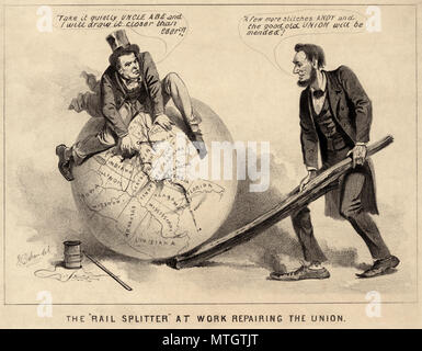 'The Rail Splitter Repairing the Union'  a political cartoon of Andrew Johnson and Abraham Lincoln from 1865, during the Reconstruction era of the United States (1863-1877). Cartoon print shows Vice President Andrew Johnson sitting atop a globe, attempting to stitch together the map of the United States with needle and thread. Abraham Lincoln stands, right, using a split rail to position the globe. Johnson warns, 'Take it quietly Uncle Abe and I will draw it closer than ever.' While Lincoln commends him, 'A few more stitches Andy and the good old Union will be mended.' Political Cartoon, Stock Photo