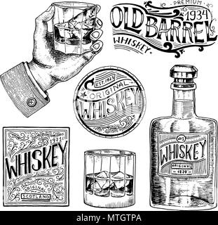 Vintage American whiskey badge. Alcoholic Label with calligraphic elements. Classic frame for poster banner. Glass with strong drink. Cheers toast. Ha Stock Vector