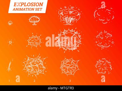 Explosions icons set on white background. Cartoon comic boom effects for emotion. Vector style. Bang burst explode flash bubble dynamite with smoke. Animation frame for game. Process steps. Hand drawn Stock Vector