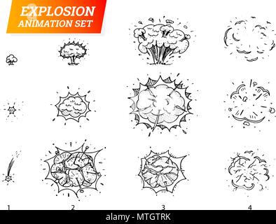 Explosions icons set on white background. Cartoon comic boom effects for emotion. Vector style. Bang burst explode flash bubble dynamite with smoke An Stock Vector