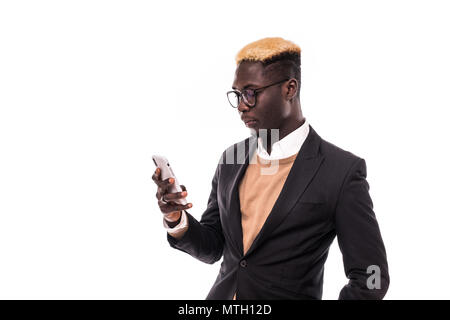 Handsome afro-american businessman sending text message isolated Stock Photo