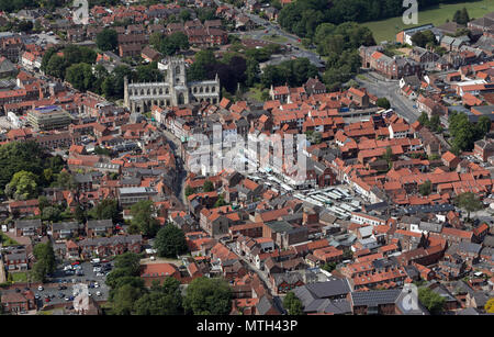 aerial view of Beverley town centre, market place & St Mary's church, East Yorkshire, UK Stock Photo