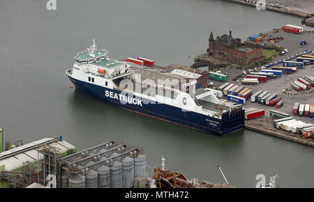 aerial view of the sea vessel Seatruck Pace out of Limassol, seen here in Seaforth Docks, Liverpool Stock Photo