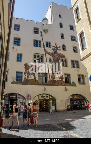 The Goliath House, with its painting of the fight between David and Goliath, is one of the landmarks of the UNESCO World Heritage City of Regensburg. Stock Photo