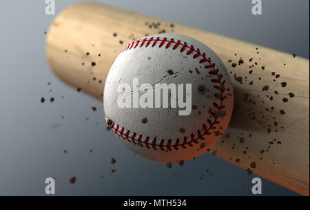 An extreme closeup slow motion action capture of a baseball ball striking a wooden bat with dirt particles emanating on a dark isolated background - 3 Stock Photo