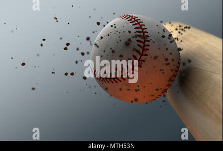 An extreme closeup slow motion action capture of a baseball ball striking a wooden bat with dirt particles emanating on a dark isolated background - 3 Stock Photo