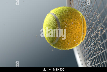 An extreme closeup slow motion action capture of a tennis ball striking a racquet with dirt particles emanating on a dark isolated background - 3D ren Stock Photo