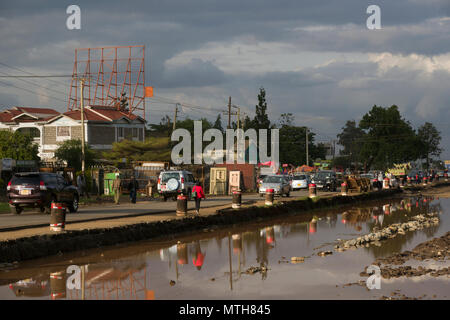 Construction work to widen the two lane Ngong Road to a dual carriageway, as part of the ongoing modernisation on the Nairobi road network. The work i Stock Photo