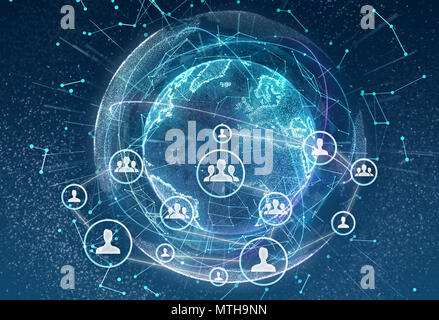 Linking entities. Networking, social media, communication on earth background. Small network connected to a larger network. Stock Photo