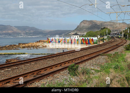 Railway tracks and beach huts on Glencairn beach, simondstown, garden route, south africa Stock Photo