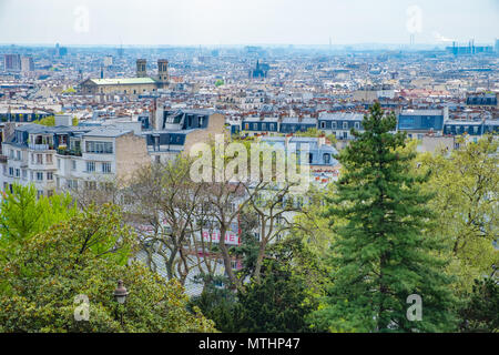 View of the paris skyline from atop Montmartre that includes Notre Dame Cathedral. Stock Photo