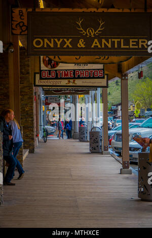 JACKSON HOLE, WYOMING, USA - MAY 23, 2018: Outdoor view of Legendary Million Dollar Cowboy Bar in center of Jackson Hole Stock Photo