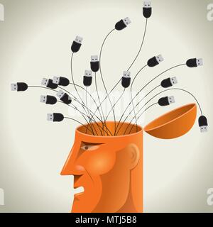 Artificial intelligence concept design, USB cable in the brain. Stock Vector