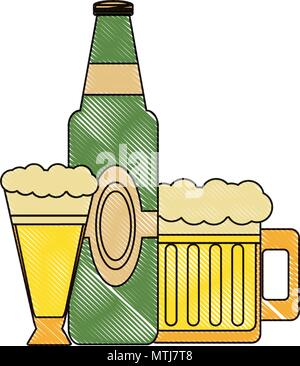 german beer bottle and mugs over white background, vector illustration Stock Vector