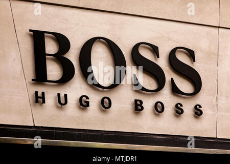 ZURICH, SWITZERLAND - MAY 17, 2018: Detail of the Hugo Boss shop in Zurich, Switzerland. Hugo Boss is German luxury fashion and style house founded in Stock Photo