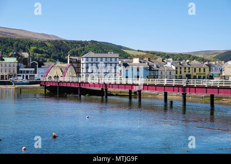 Swing Bridge and road on stilts across harbour and Sulby River. Ramsey, Isle of Man, British Isles Stock Photo