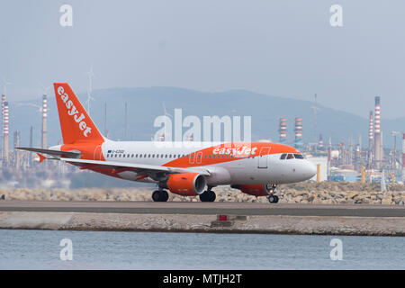 Easyjet plane G-EZGD seen on the runway at Gibraltar Airport. Stock Photo