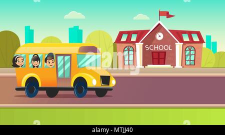 School kids riding a schoolbus. Happy pupils watching from windows school bus. Stock Vector