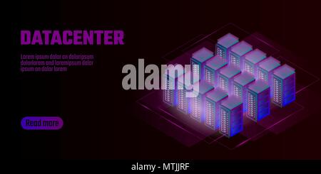 Isometric datacenter cloud computing storage concept banner. Site hosting big data processing rack rent. Mainframe computer network system server farm mining 3d neon dark design vector illustration Stock Vector