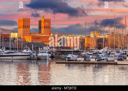 Oslo Radhuset or City hall skyline during sunset in Norway Stock Photo