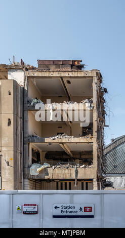 Partially demolished building (Consort House) in preparation for the redevelopment of Queen Street railway terminal;  Glasgow city centre,  Scotland Stock Photo