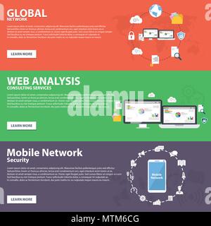global network, web analysis, mobile network flat icon banner concept vector template design Stock Vector
