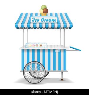 Realistic street food cart with wheels. Mobile pink ice cream market stall template. Ice cream kiosk store mockup. Vector illustration Stock Vector