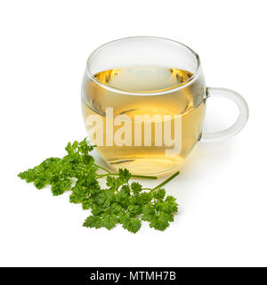 Cup of fresh healthy chervil tea with fresh green leaves isolated on white background Stock Photo