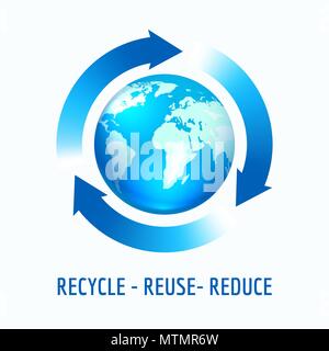 Planet globe Earth with blue arrows. Recycle, reuse, reduce concept, vector illustration Stock Vector