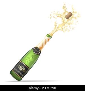 Champagne explosion. Champagne bottle pop and fizz vector illustration for alcohol drinking party celebration isolated on white background Stock Vector