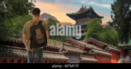 a male tourist is traveling around the Shaolin monastery. China. Stock Photo